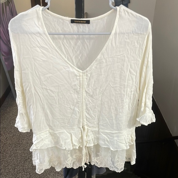 Bluheaven Tops - Bluheaven Elegant Boho Cream Lace Hem Ruffled Sleeve Blouse